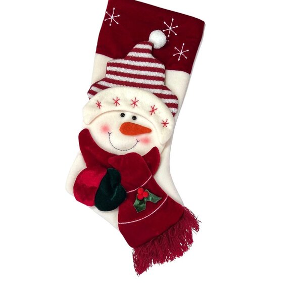 Christmas Snowman Holiday Stocking Red White Pom-pom Knit Hat Scarf 3D Puffy - Picture 7 of 8